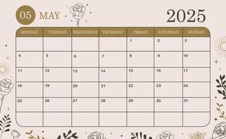 2025 may monthly calendar week start on Sunday with boho style that use for horizontal digital and printable A4 A5 size vector
