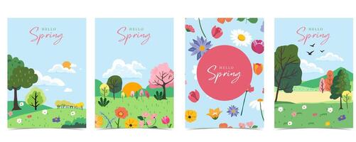 Spring landscape background with mountain and and circle banner vector
