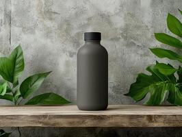 Dark gray bottle mockup on wooden shelf with green leaves photo