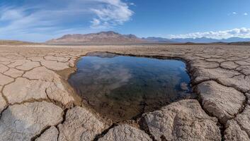 Dried lakebed with a small pool of water reflecting the sky and mountains in the background photo