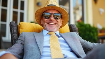 Man in a suit and straw hat smiles while lounging in a sunny outdoor setting, enjoying the day photo