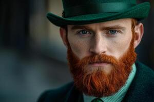 Stylish man with a red beard wears a green suit, tie, and green hat photo