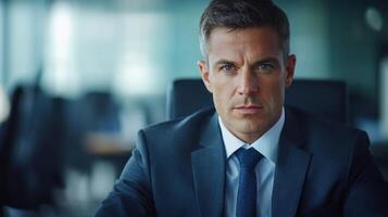 A serious businessman focuses intently while seated in a contemporary office space during work hours photo