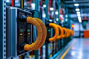 Peak energy storage concept. Industrial control panel with orange coiled cables photo