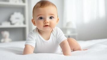 Cute baby crawling on a bed in a bright, minimalistic room. photo
