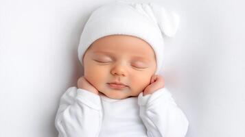 Sleeping baby in white outfit and hat on a soft background. photo