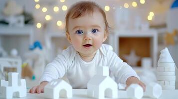 Adorable baby playing with white building blocks in a bright setting. photo