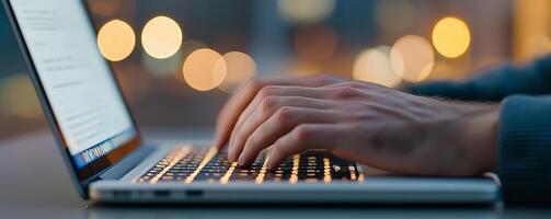 Meeting results execution concept. Typing on a laptop with blurred lights in the background. photo