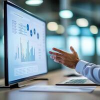 Presentation agenda strategy concept. Business professional analyzing data on a computer screen photo