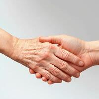Caregiving family seniors concept. Hands shaking in agreement or greeting gesture. photo