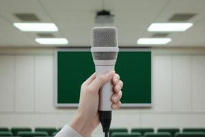 Meeting results execution concept. Hand holding a microphone in a presentation setting. photo