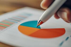 Business charts execution concept. Analyzing a pie chart with a pen in hand photo