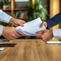 Meeting results execution concept. Two hands exchanging documents in a professional setting. photo