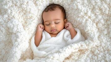 Sleeping baby wrapped in soft, cozy blanket. photo