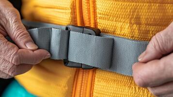 Senior independence safety concept. Close-up of hands fastening a gray strap on an orange jacket. photo