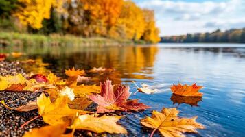 Colorful autumn leaves by a tranquil lakeside reflecting nature's beauty. photo