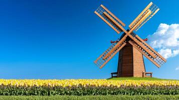 Windmill surrounded by vibrant tulip fields under a clear blue sky. photo