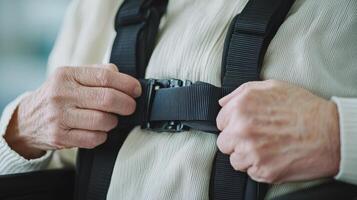 Senior independence safety concept. Senior adjusting a seatbelt for safety and support. photo