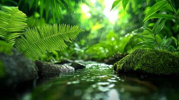 Lush green forest with a serene stream flowing through it. photo