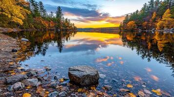 Serene autumn landscape reflecting on calm water at sunset. photo
