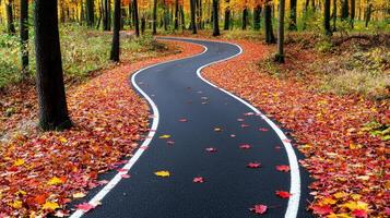 Winding pathway through colorful autumn forest with fallen leaves. photo