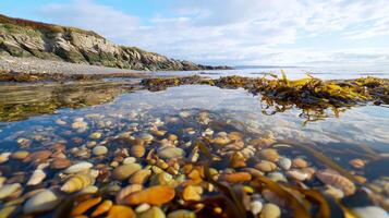 Calm shoreline with pebbles and seaweed reflecting in shallow water. photo