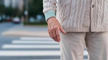 Senior independence safety concept. Elderly person walking at a crosswalk on a street. photo