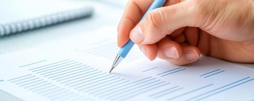 Brainstorming agenda collaboration concept. Hand writing on a document with a blue pen. photo