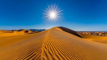Vast desert landscape under a bright sun with rippled sands. photo