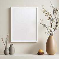 Minimalist decor with a blank frame and decorative vase on a neutral background. photo
