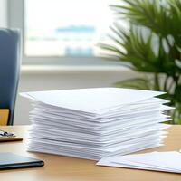 Stack of blank papers on a desk with a plant in the background. photo