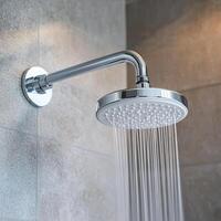 Shiny showerhead with water flowing in a modern bathroom setting. photo