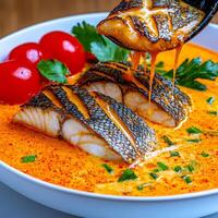 Delicious fish fillet in creamy sauce garnished with tomatoes and herbs. photo