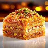 Delicious baklava dessert with nuts and honey glaze. photo