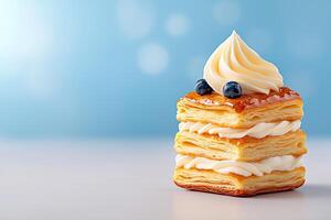 Delicious layered pastry dessert with cream and blueberries. photo