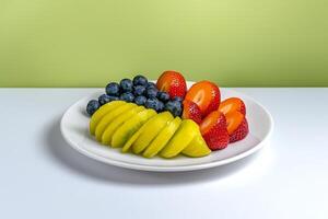 Fresh fruit platter featuring strawberries, blueberries, and sliced apples. photo