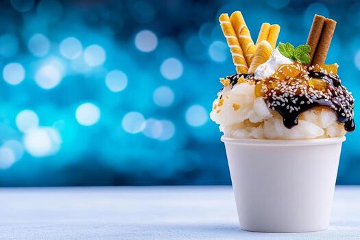 Delicious dessert with chocolate sauce and crispy toppings. photo