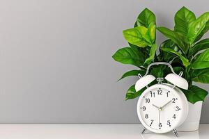 White alarm clock beside a green plant on a minimalist background. photo