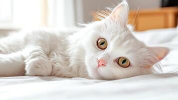 Fluffy white cat relaxing on a soft bed in natural light. photo