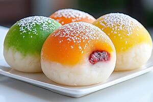 Colorful mochi desserts with powdered sugar on a white plate. photo
