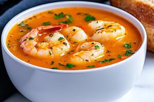 Delicious shrimp soup garnished with fresh herbs and served with bread. photo