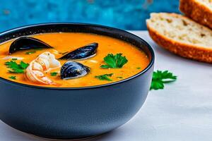 Delicious seafood soup with shrimp, mussels, and fresh herbs. photo
