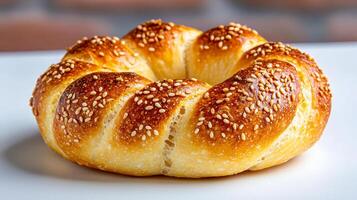 Golden sesame bagel on a white plate with a blurred background. photo