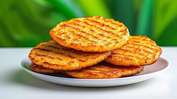 Grilled golden pancakes stacked on a plate against a green background. photo
