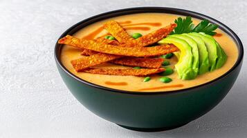 Creamy soup topped with avocado and crispy strips in a black bowl. photo
