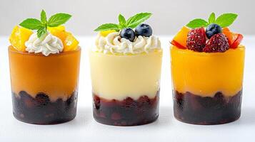 Delicious layered desserts in colorful cups with fruits and cream. photo