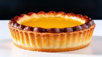 Delicious caramel custard tart on a white surface. photo