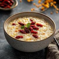 Focus on senior health concept. Bowl of creamy porridge topped with goji berries and mint. photo