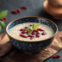 Focus on senior health concept. Bowl of creamy dessert topped with goji berries and mint. photo