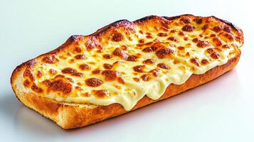Cheesy bread loaf with golden crust and melted cheese topping. photo